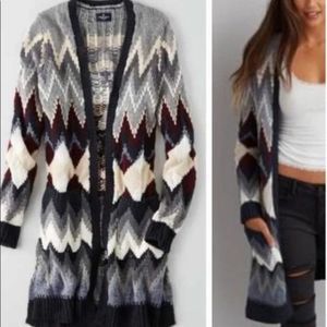 American Eagle Boho Chevron Printed Knit Draped Open Longline Cardigan Sweater L